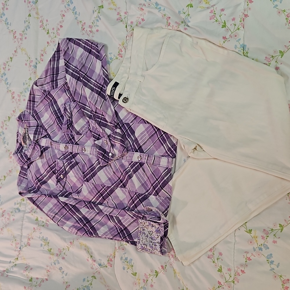 Overdrive Purple Plaid Snap Up Long Sleeve Top